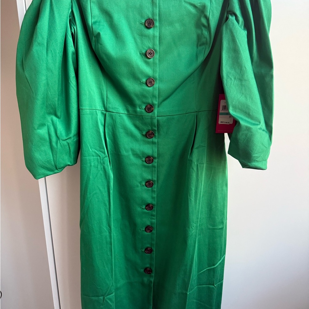 Vince Camuto Green Midi Dress with Square Neck and Bishop Sleeves